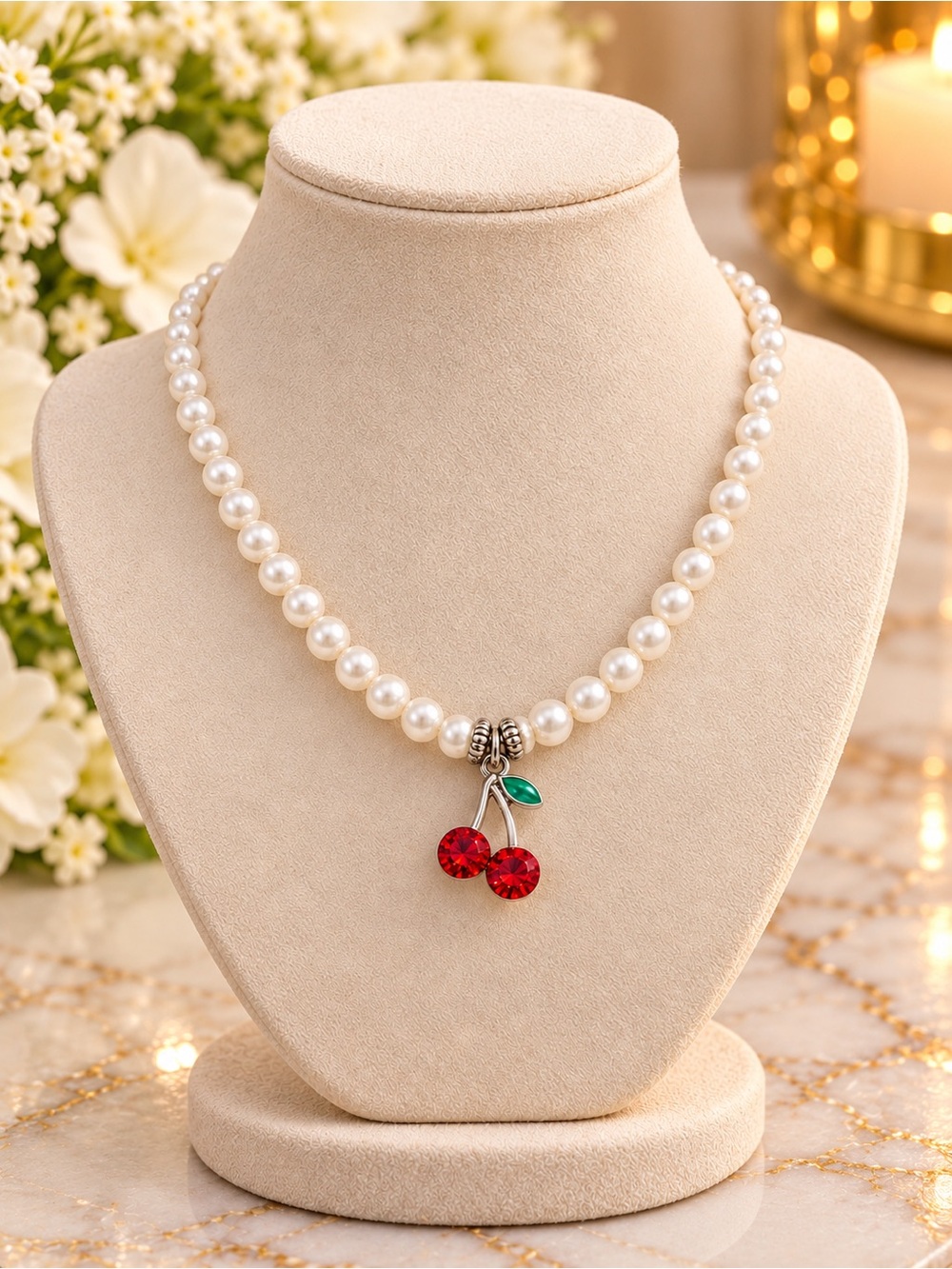 Silver Cherry Pendant with Pearl Beads Choker Necklace